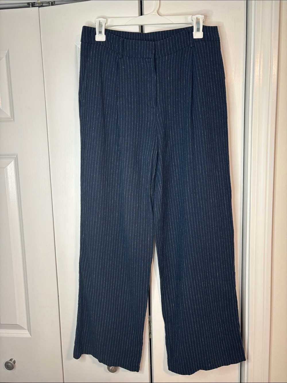 Navy Pinstripe Wide-Leg Trousers